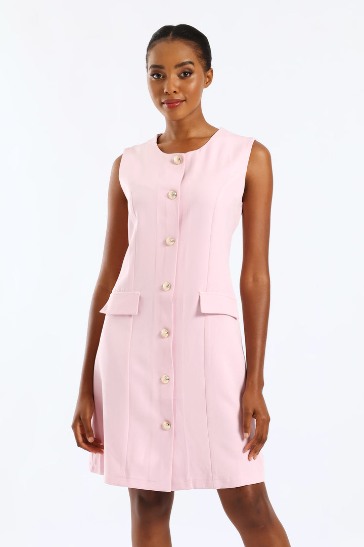 Button Through Pocket Flap Dress - Pastel Pink