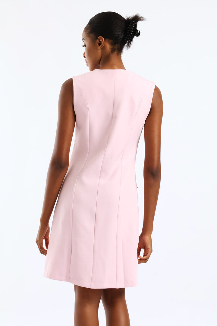 Button Through Pocket Flap Dress - Pastel Pink