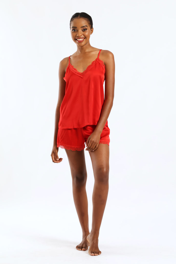 Lace Trim Satin Cami & Short Set - Red