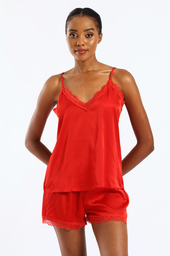 Lace Trim Satin Cami & Short Set - Red