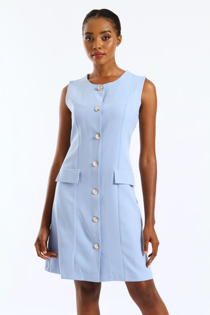 Button Through Pocket Flap Dress - Pastel Blue