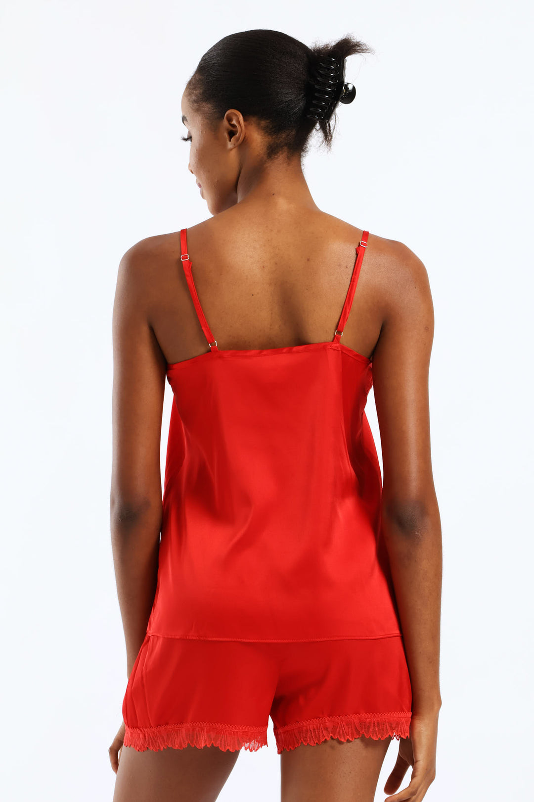 Lace Trim Satin Cami & Short Set - Red