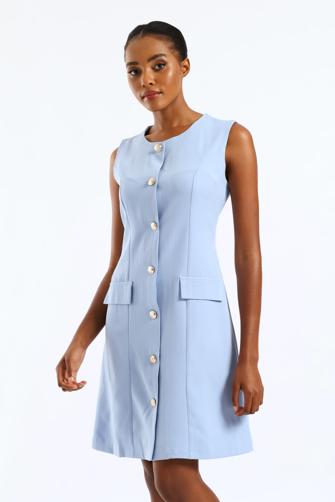 Button Through Pocket Flap Dress - Pastel Blue