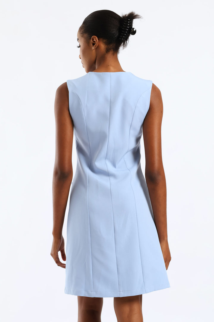 Button Through Pocket Flap Dress - Pastel Blue