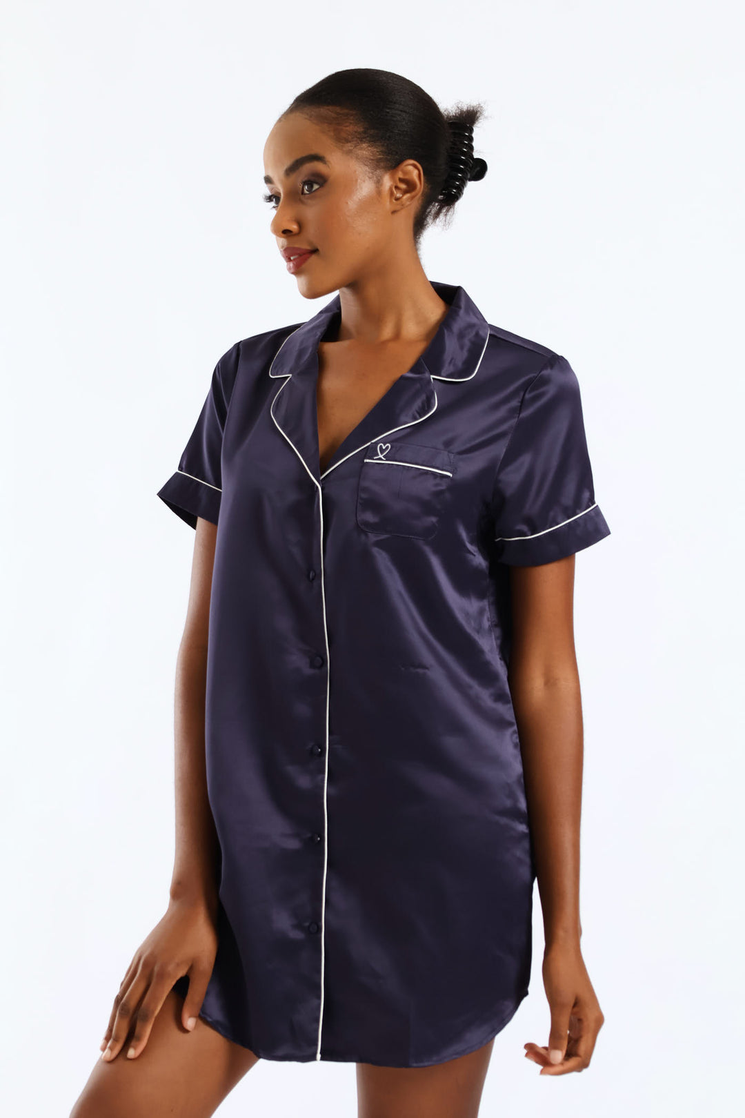 Button Through Satin Sleepshirt - Navy