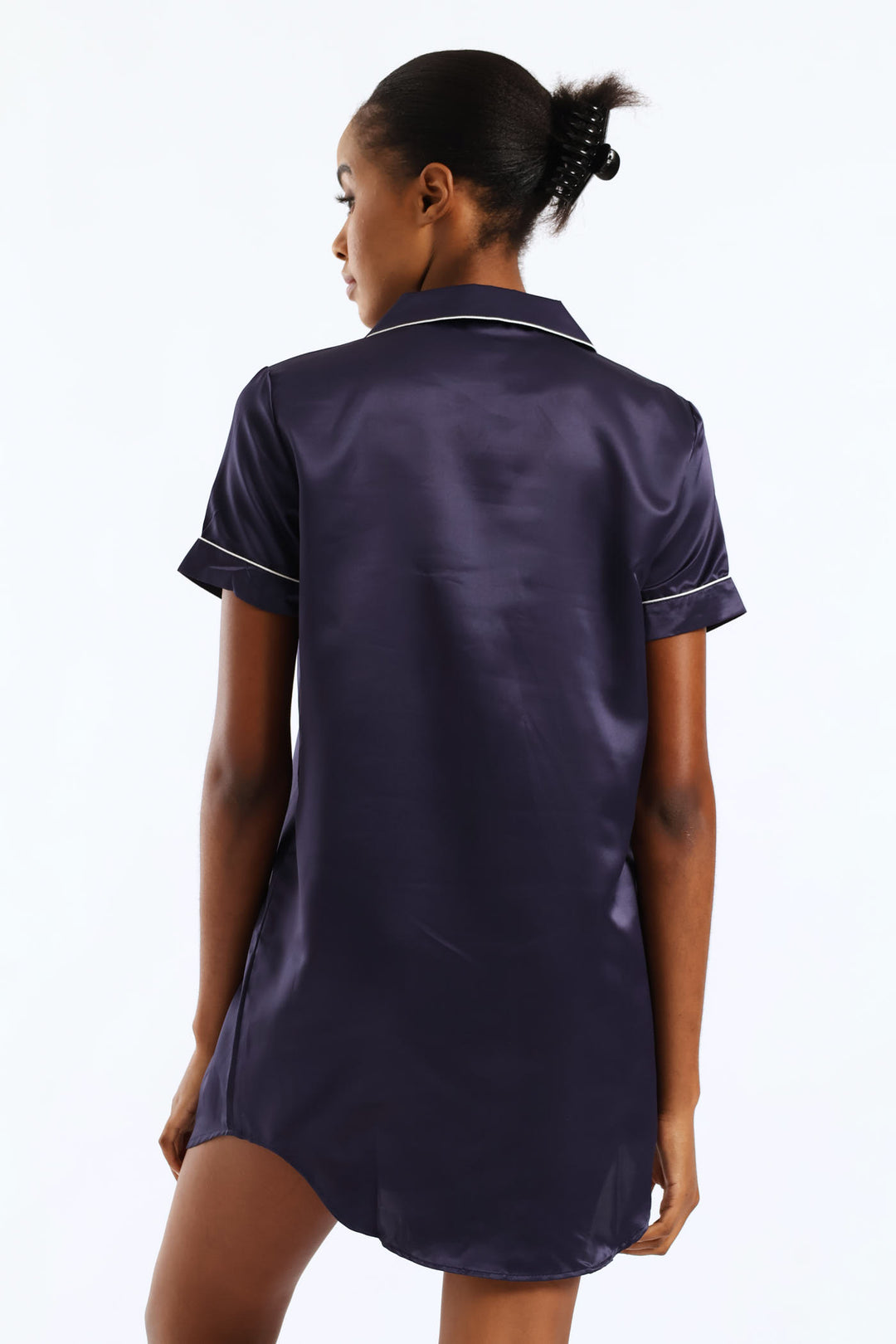 Button Through Satin Sleepshirt - Navy