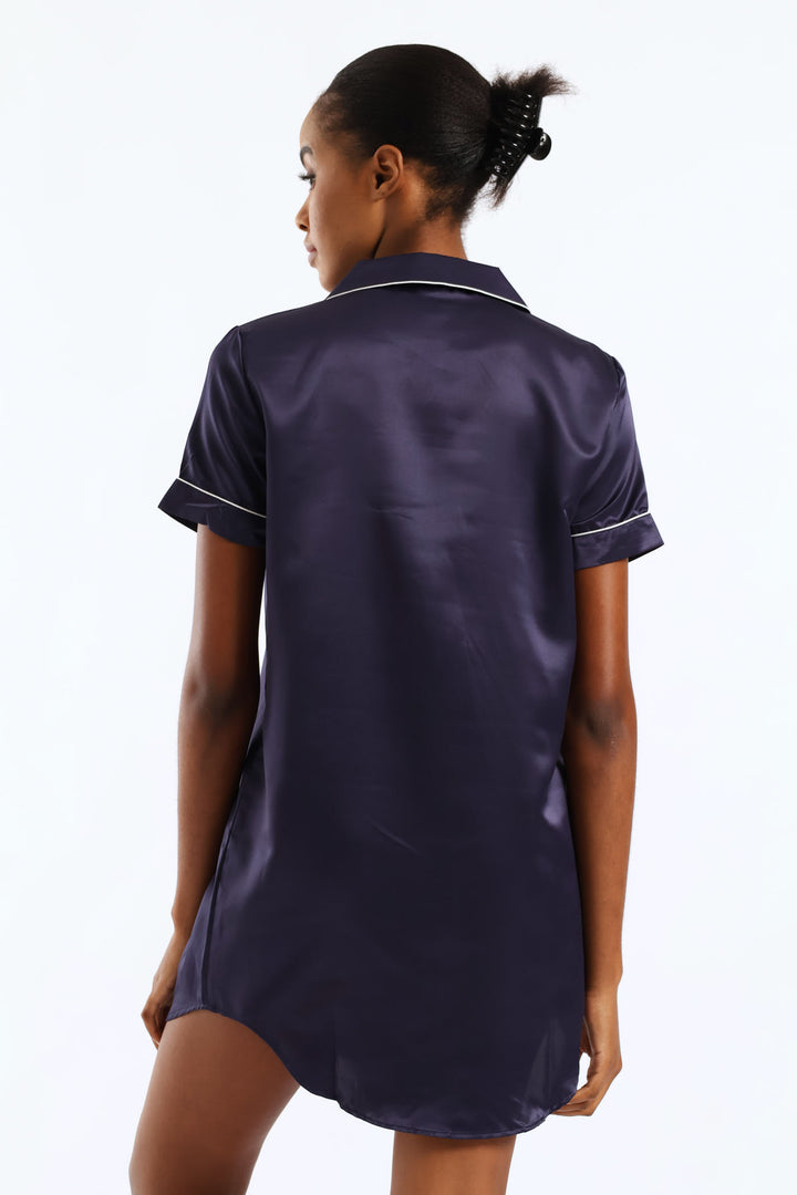 Button Through Satin Sleepshirt - Navy