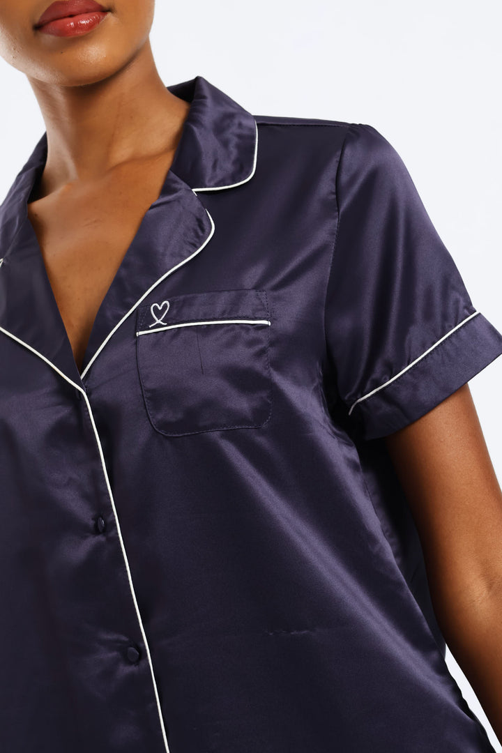 Button Through Satin Sleepshirt - Navy
