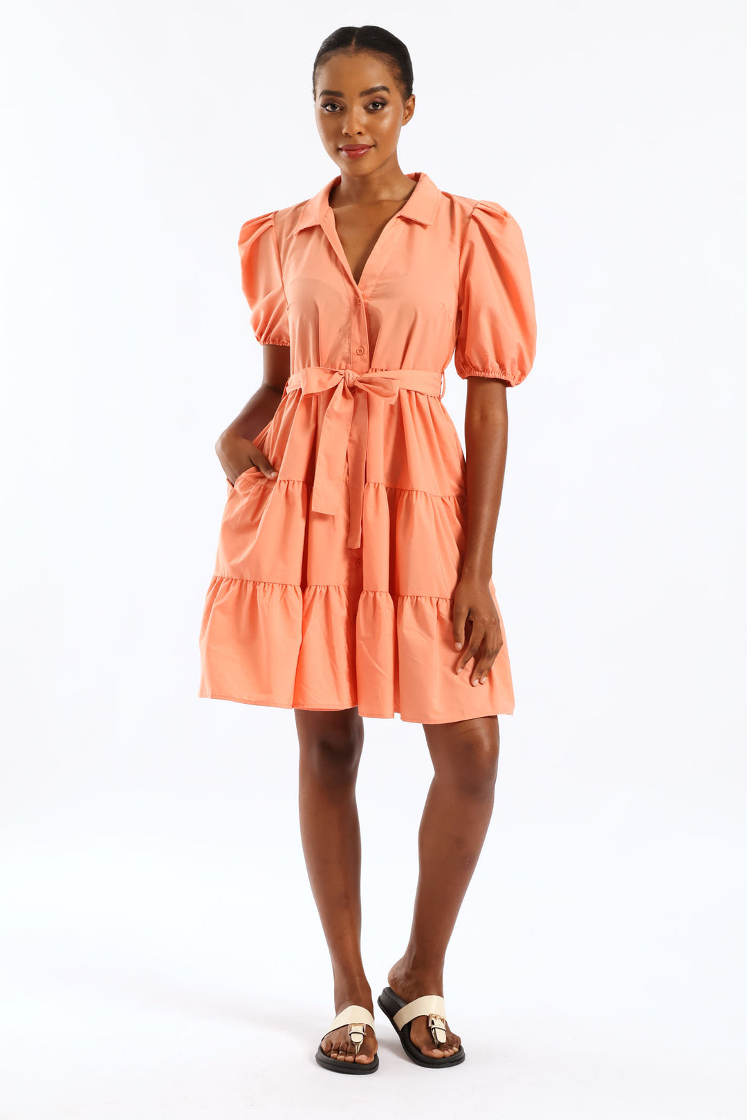 Collared Belted Tiered Shirt Dress - Dark Coral
