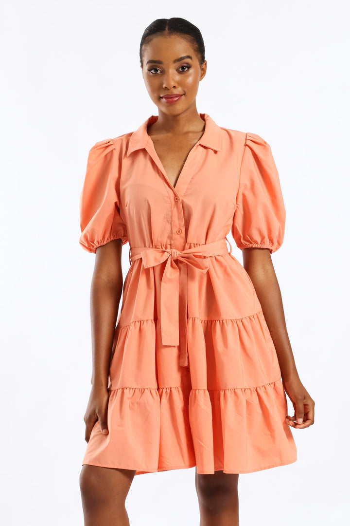 Collared Belted Tiered Shirt Dress - Dark Coral