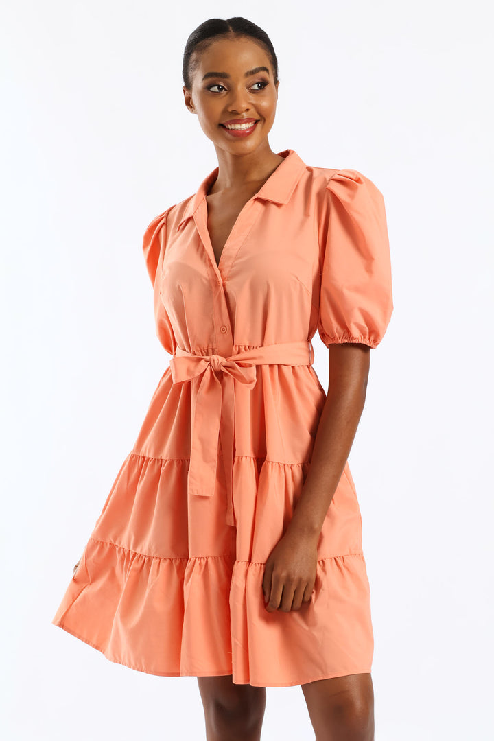 Collared Belted Tiered Shirt Dress - Dark Coral