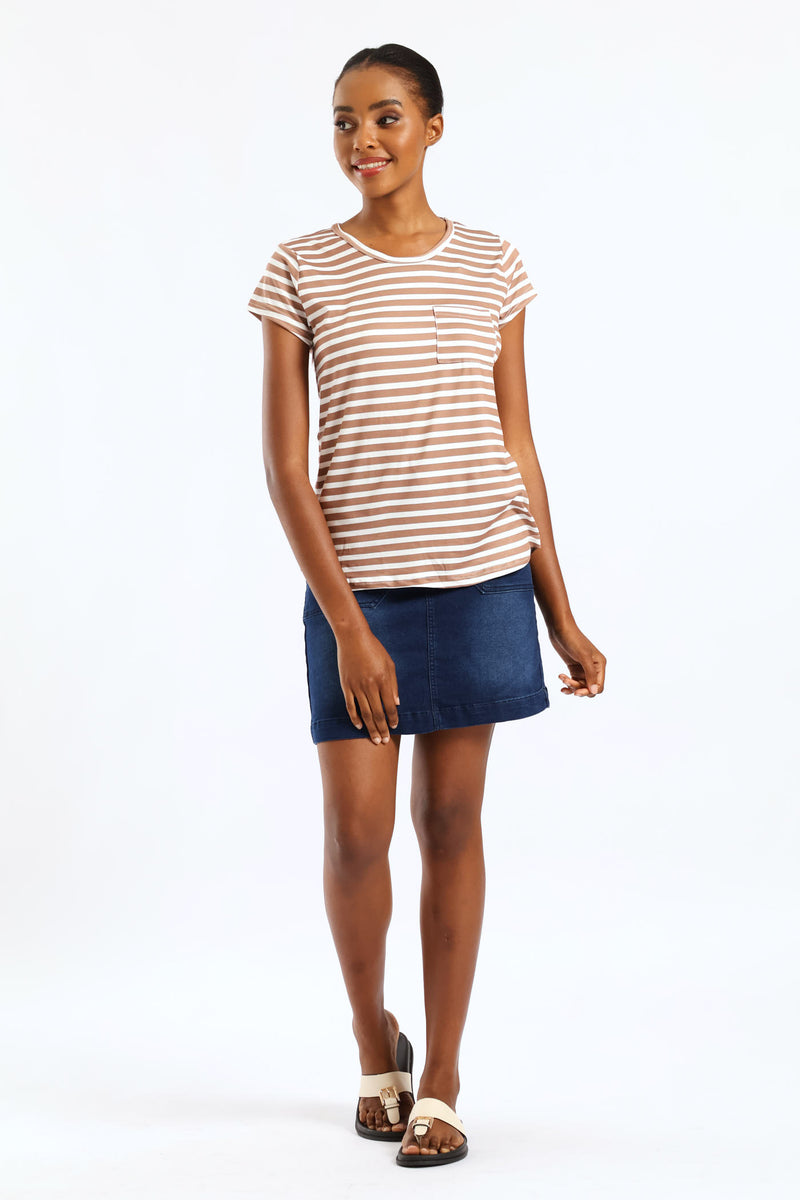 Short Sleeve Stripe Pocket Tee - Caramel/Cream