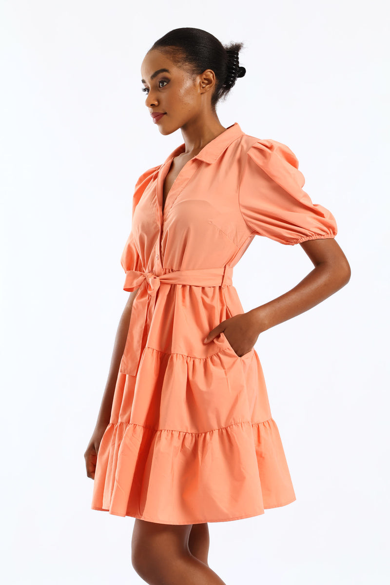 Collared Belted Tiered Shirt Dress - Dark Coral
