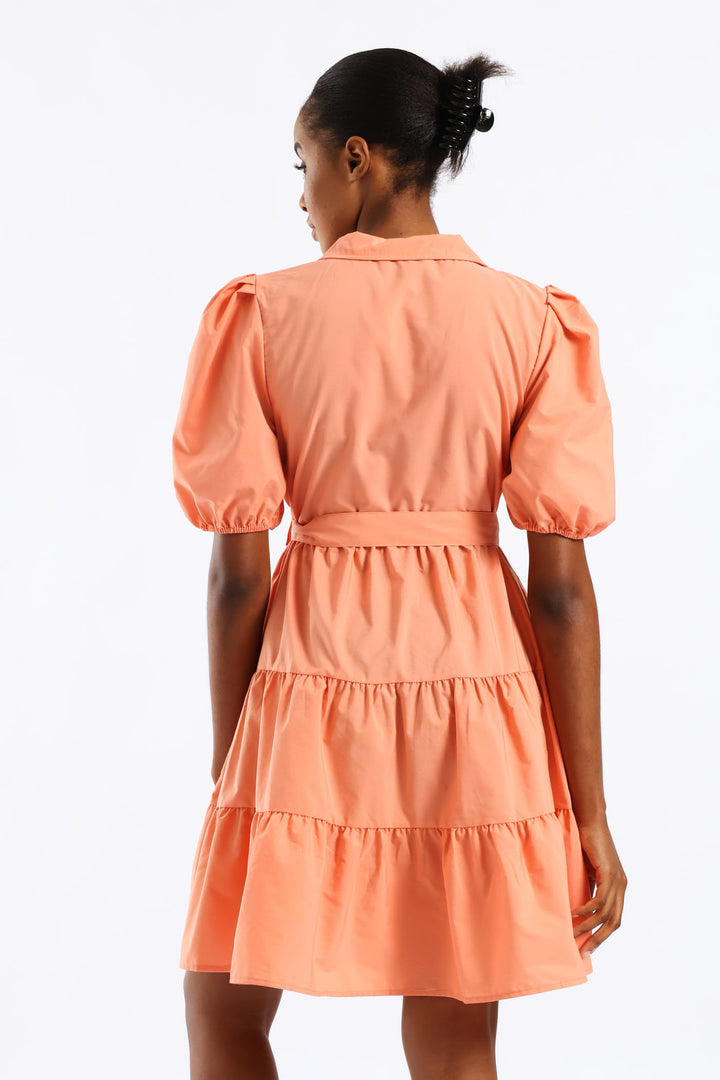 Collared Belted Tiered Shirt Dress - Dark Coral