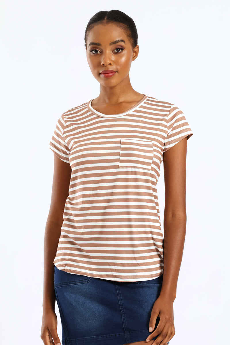Short Sleeve Stripe Pocket Tee - Caramel/Cream