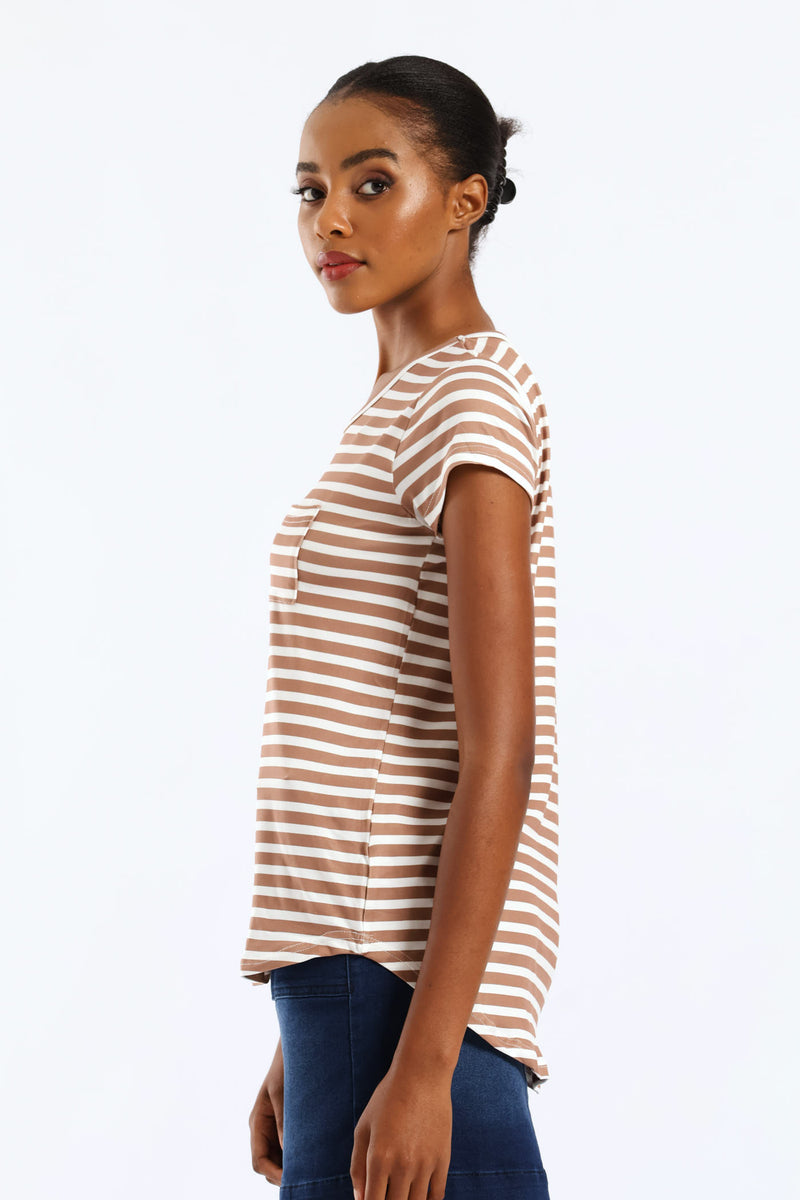 Short Sleeve Stripe Pocket Tee - Caramel/Cream