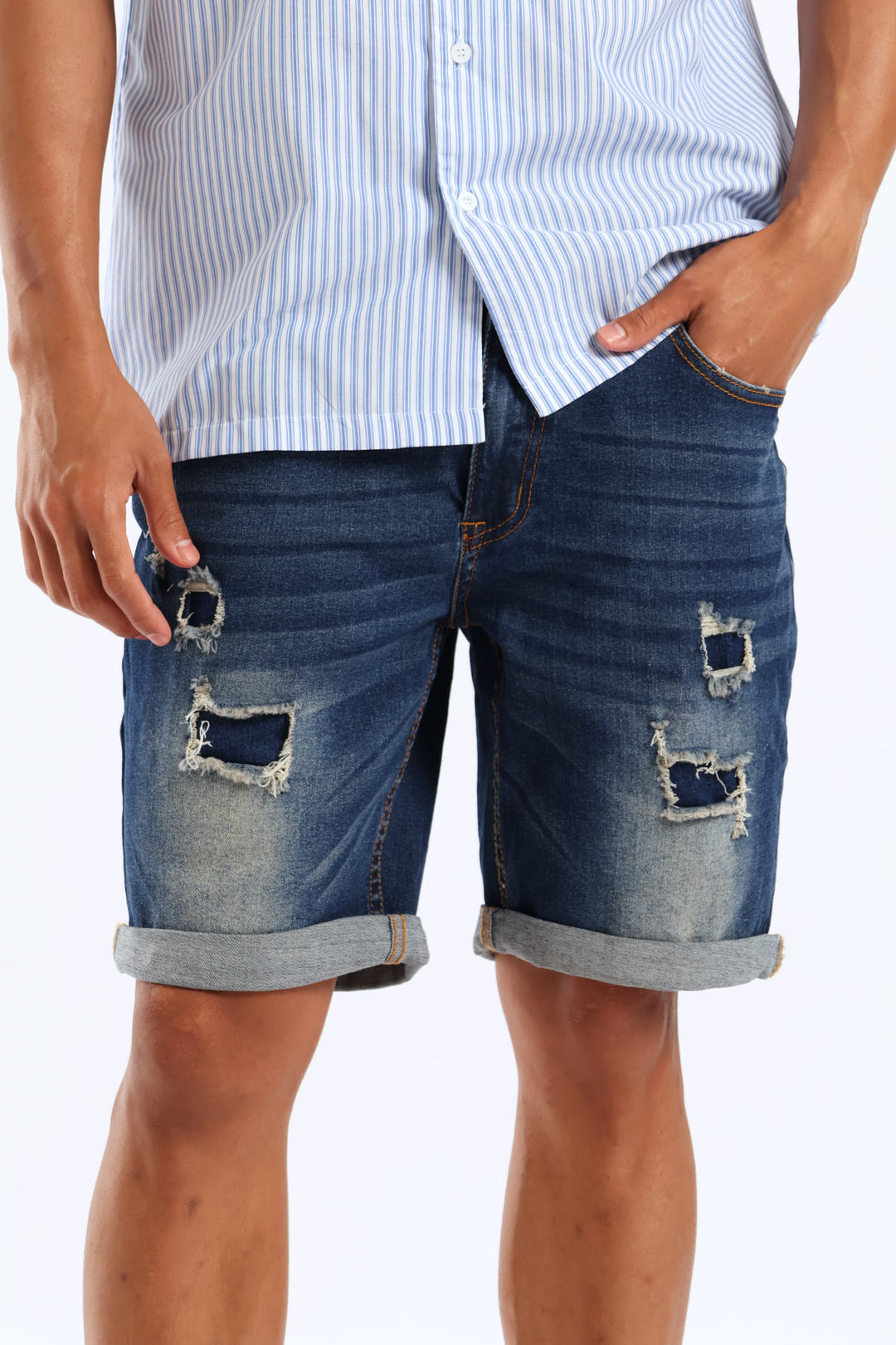 Rip & Repair Denim Shorts - Dark Blue Wash
