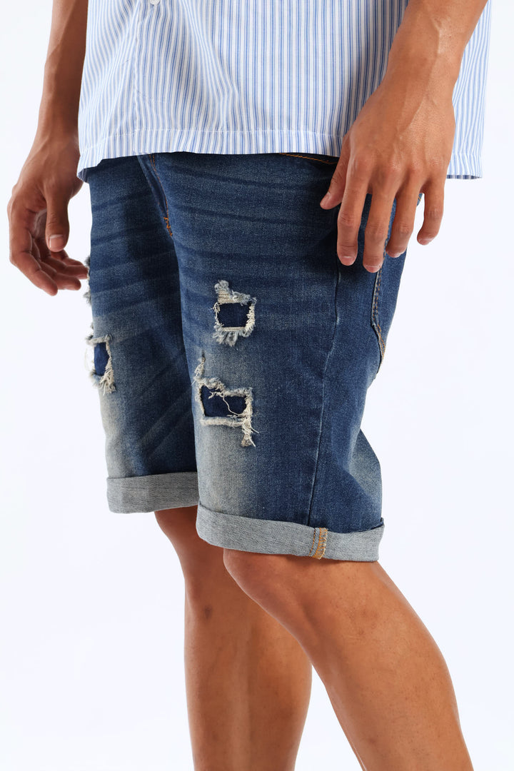 Rip & Repair Denim Shorts - Dark Blue Wash