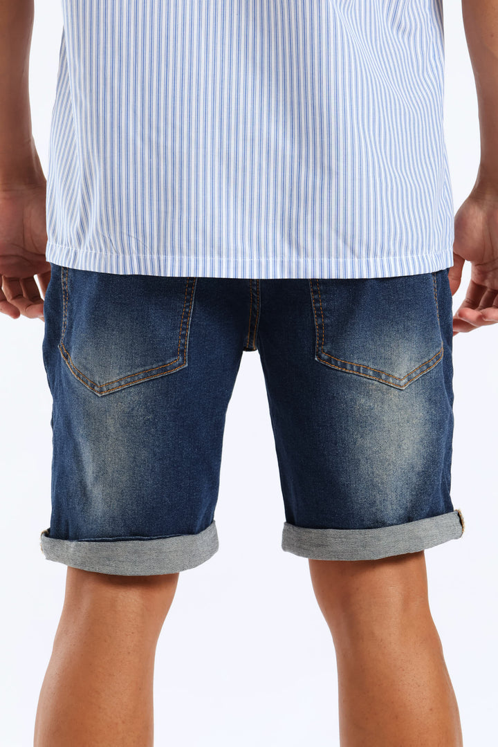 Rip & Repair Denim Shorts - Dark Blue Wash