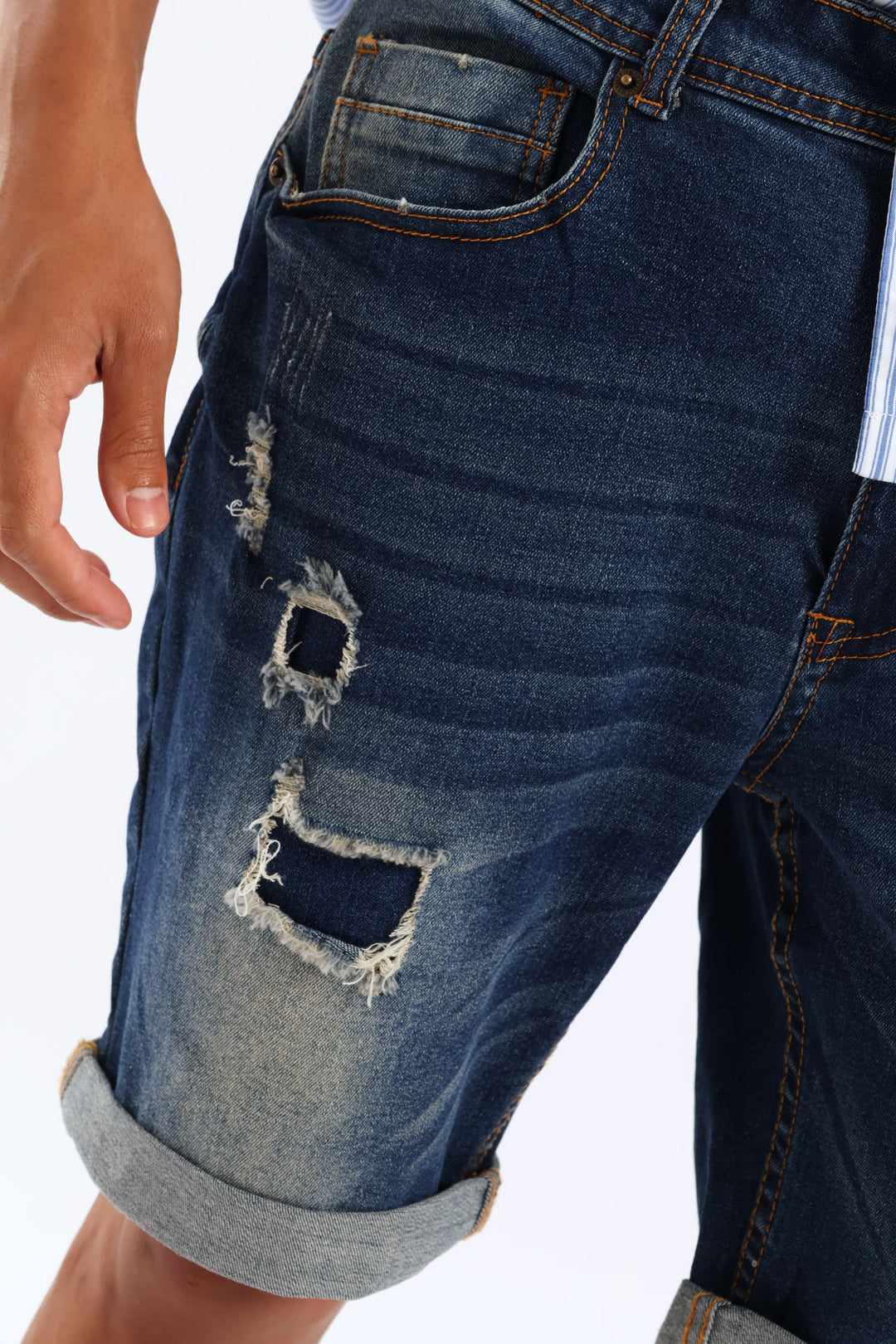 Rip & Repair Denim Shorts - Dark Blue Wash