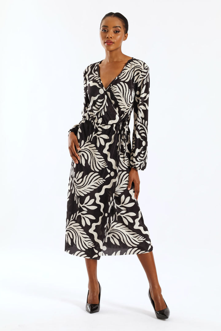 Wrap Tie Up Plisse Midi Dress - Black/Cream