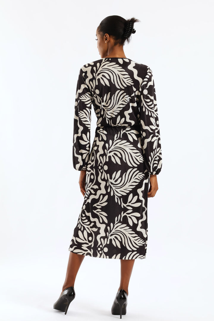Wrap Tie Up Plisse Midi Dress - Black/Cream