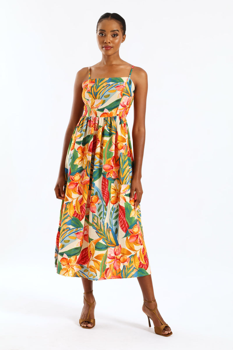 Strappy Shirred-Back Midi Sundress - Multi