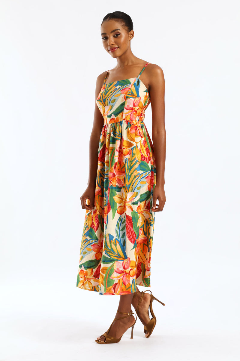 Strappy Shirred-Back Midi Sundress - Multi
