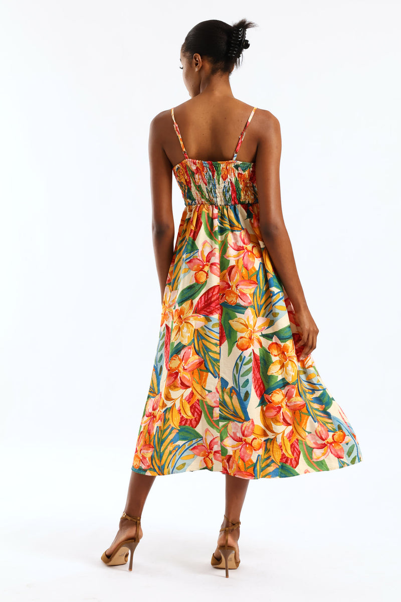 Strappy Shirred-Back Midi Sundress - Multi