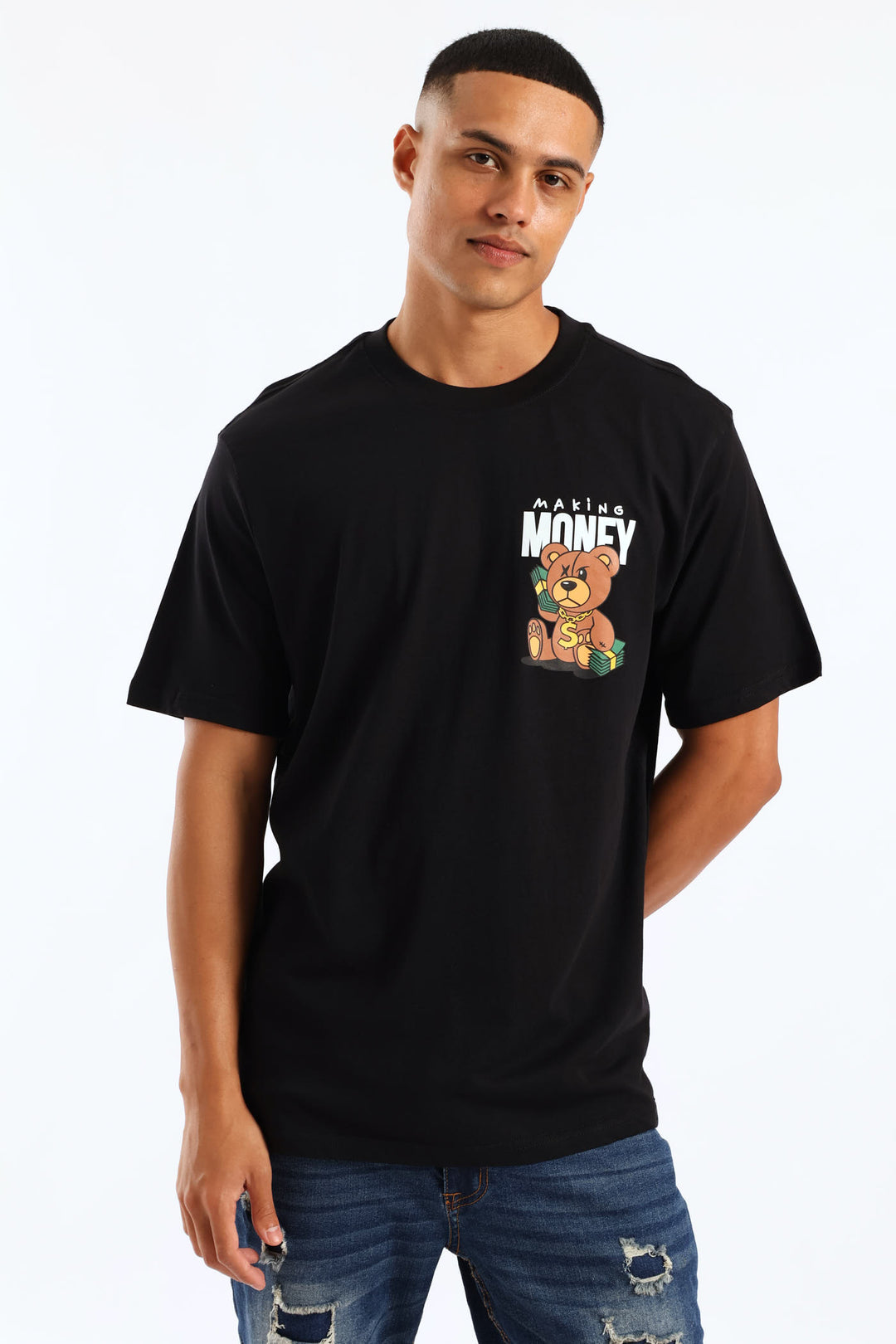 Small Money Teddy Front Print Tee - Black