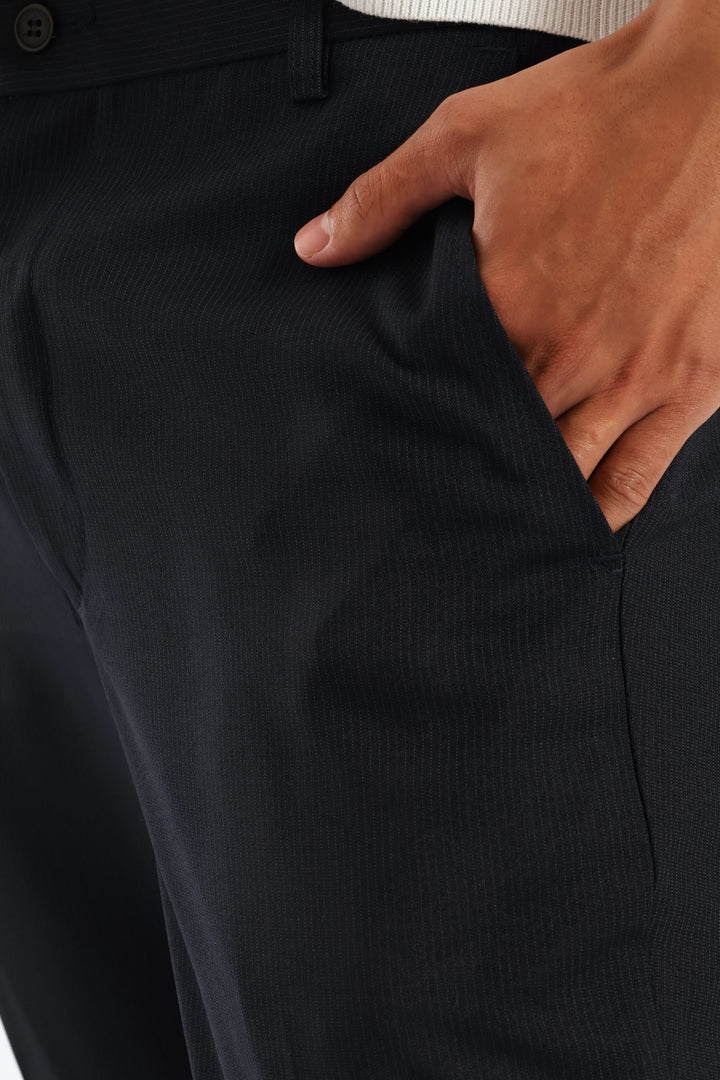 Half Elasticated Pin Stripe Slim Trouser - Black