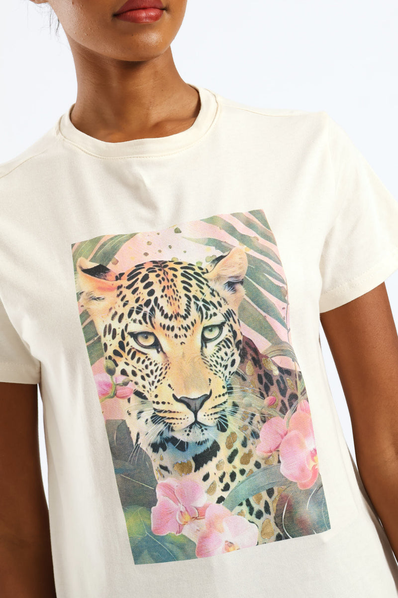 Leopard In Orchids Tee - Off White