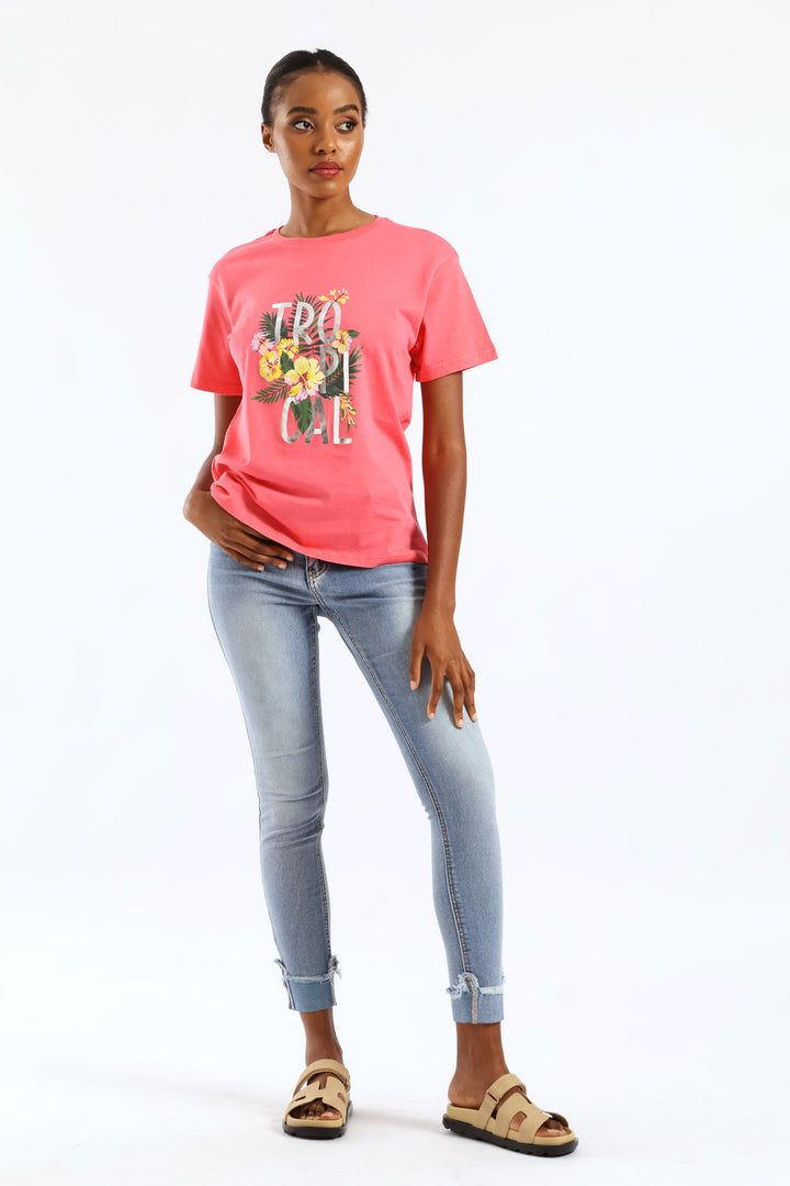 Tropical Palm Foil Tee - Bright Pink