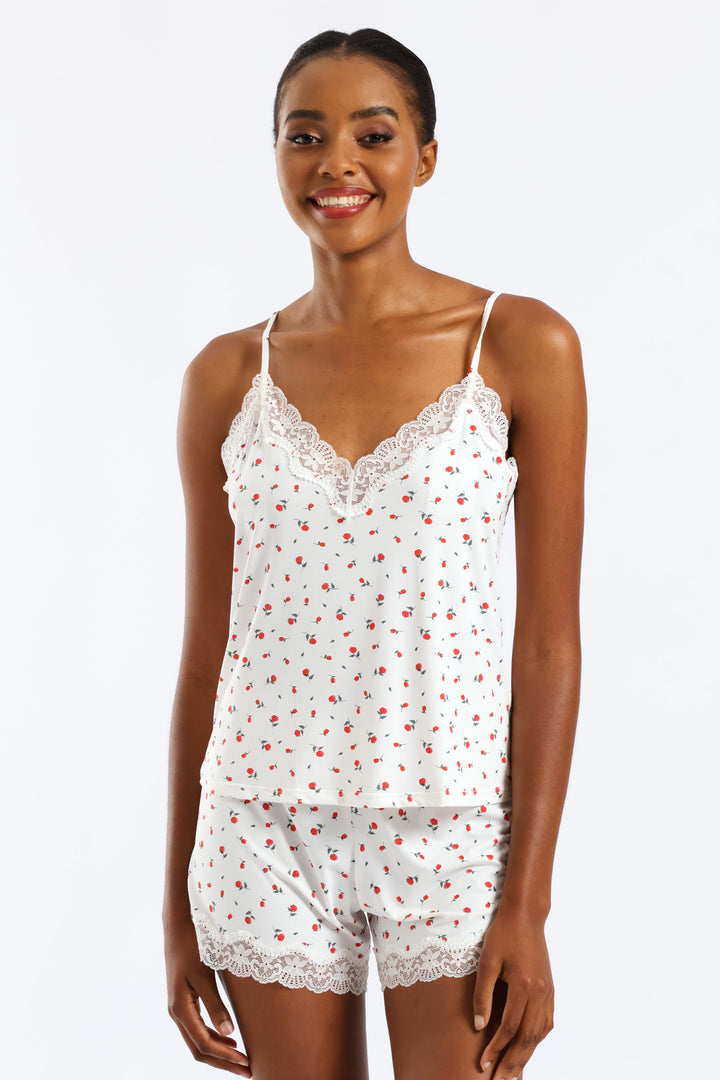 Roses Polyamide Cami & Short Set - White/Red