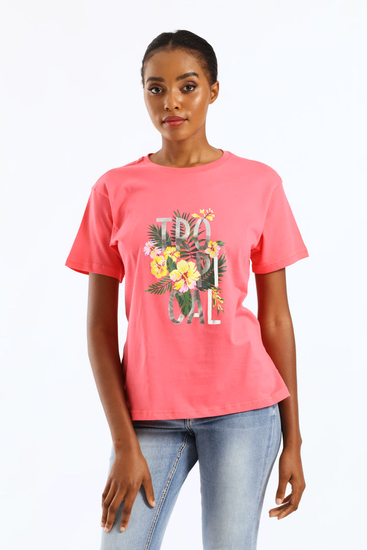 Tropical Palm Foil Tee - Bright Pink
