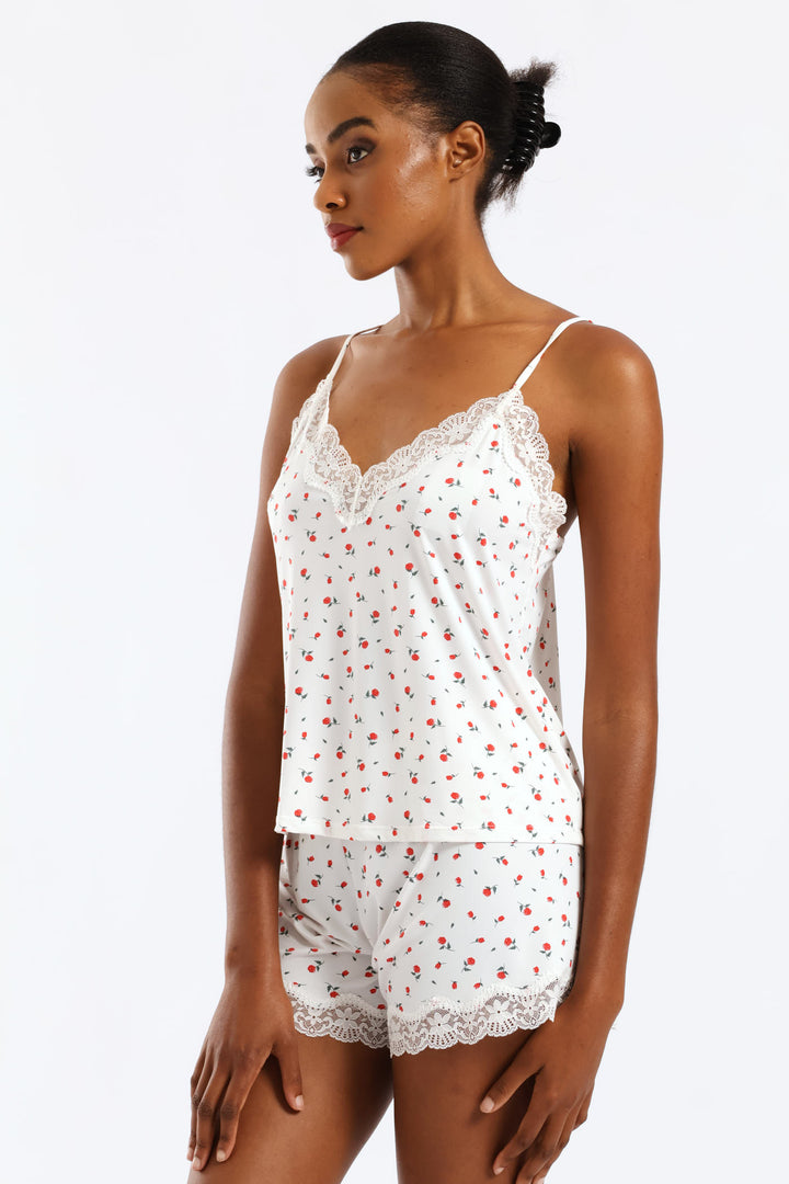 Roses Polyamide Cami & Short Set - White/Red