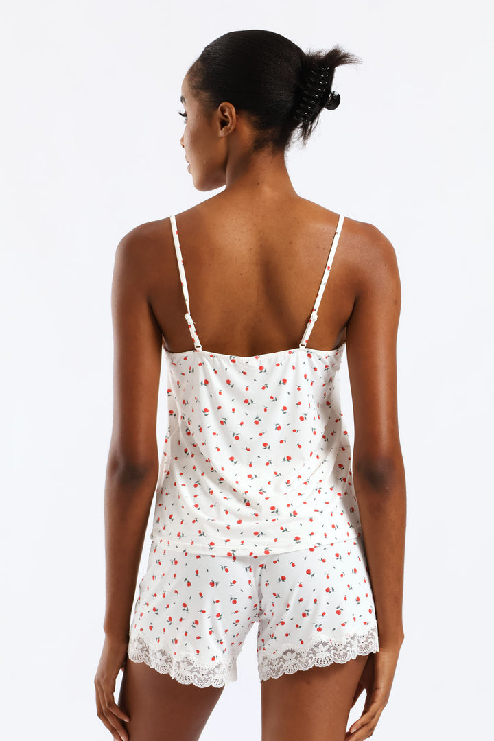Roses Polyamide Cami & Short Set - White/Red