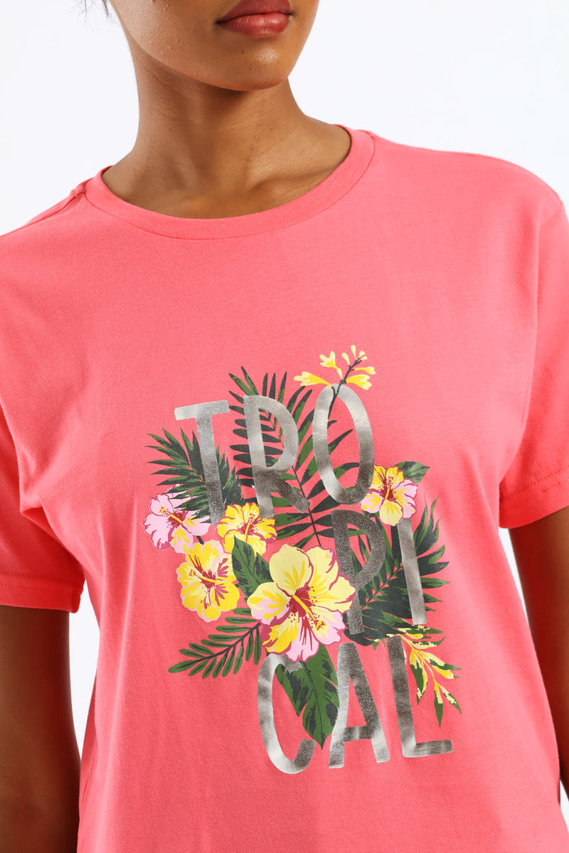 Tropical Palm Foil Tee - Bright Pink
