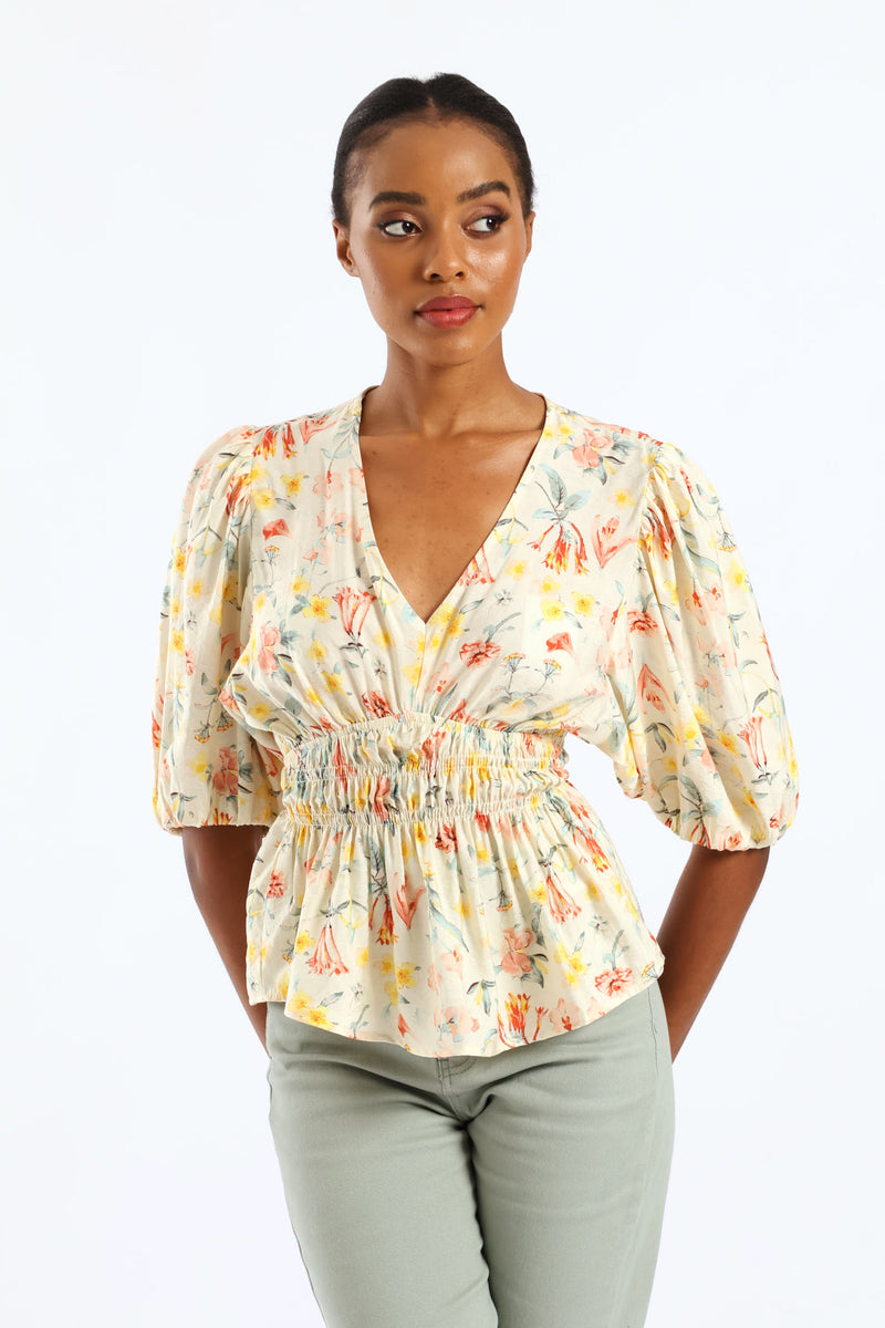 Bubble Sleeve V-Neck Peplum Printed Blouse - White