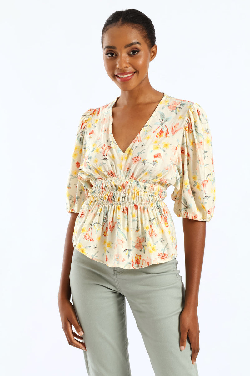 Bubble Sleeve V-Neck Peplum Printed Blouse - White