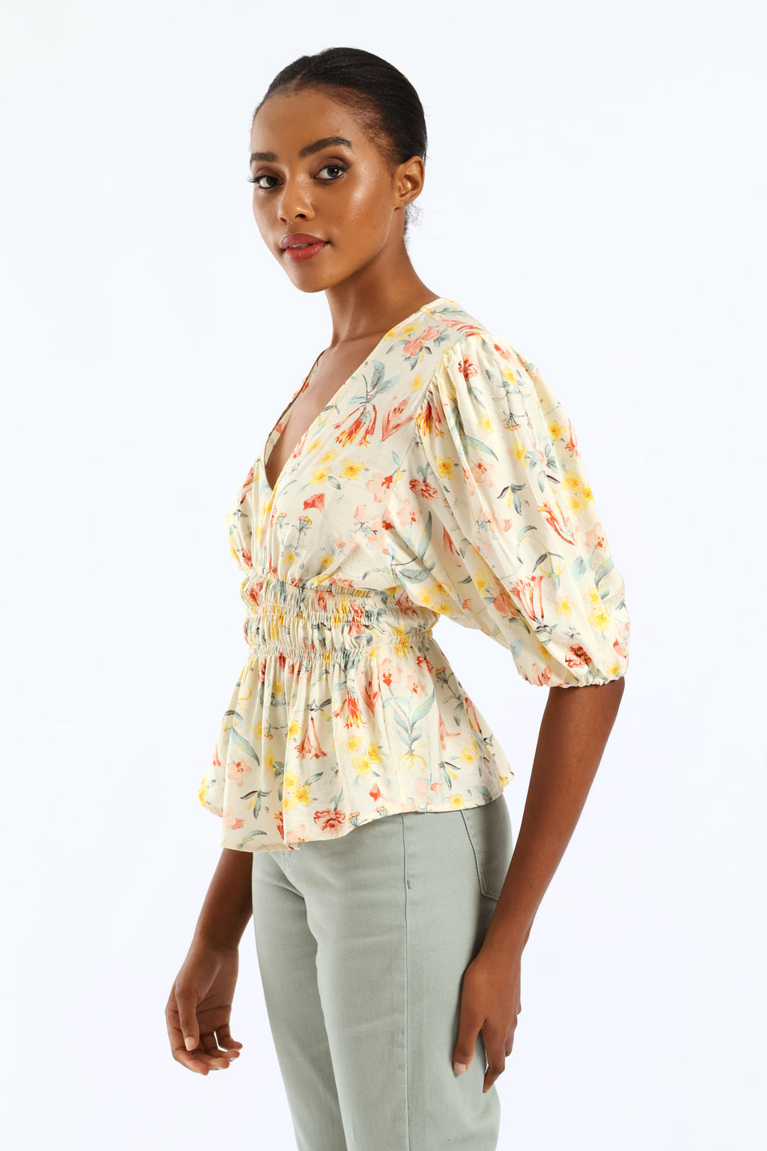 Bubble Sleeve V-Neck Peplum Printed Blouse - White