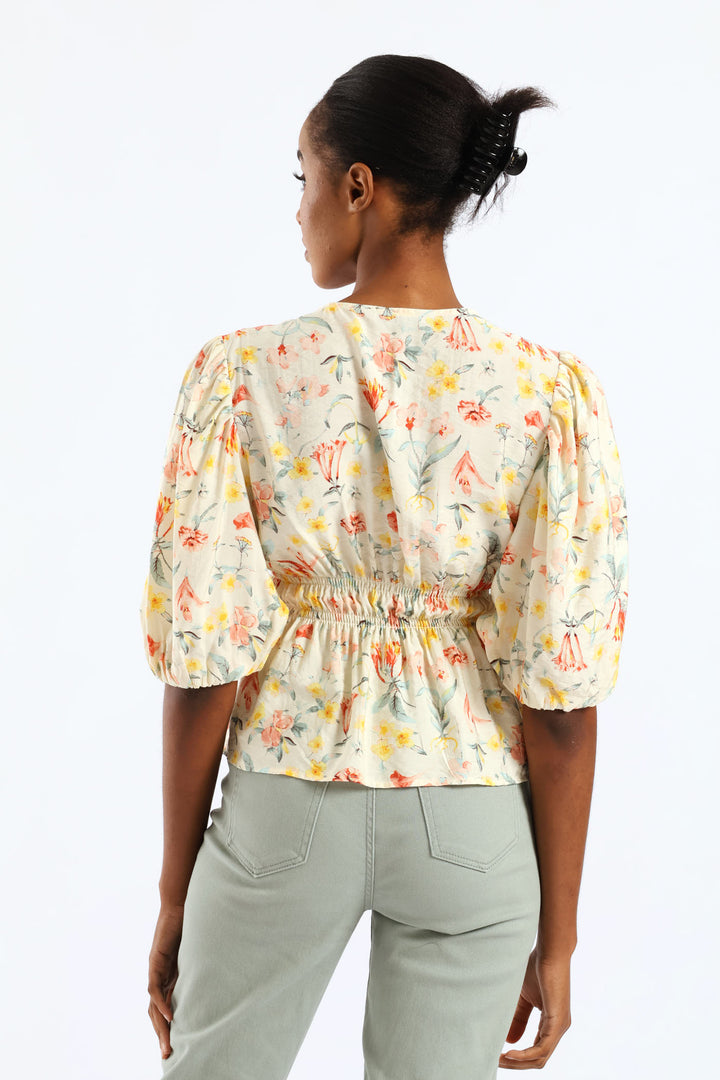 Bubble Sleeve V-Neck Peplum Printed Blouse - White