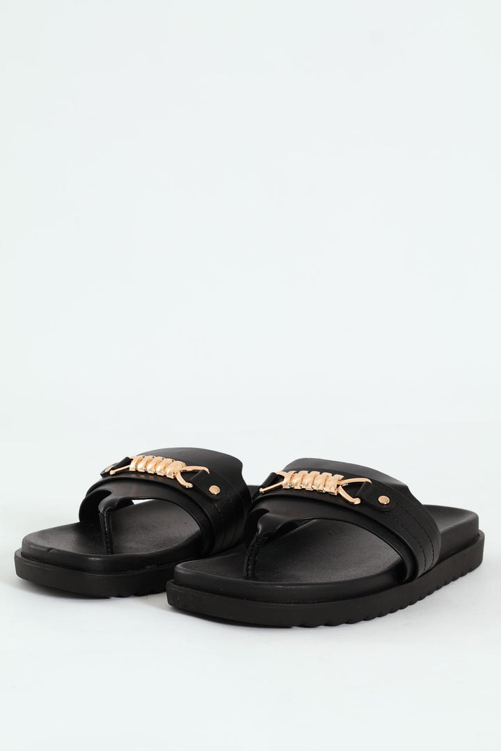 Thong Sandals With Chain Detail - Black