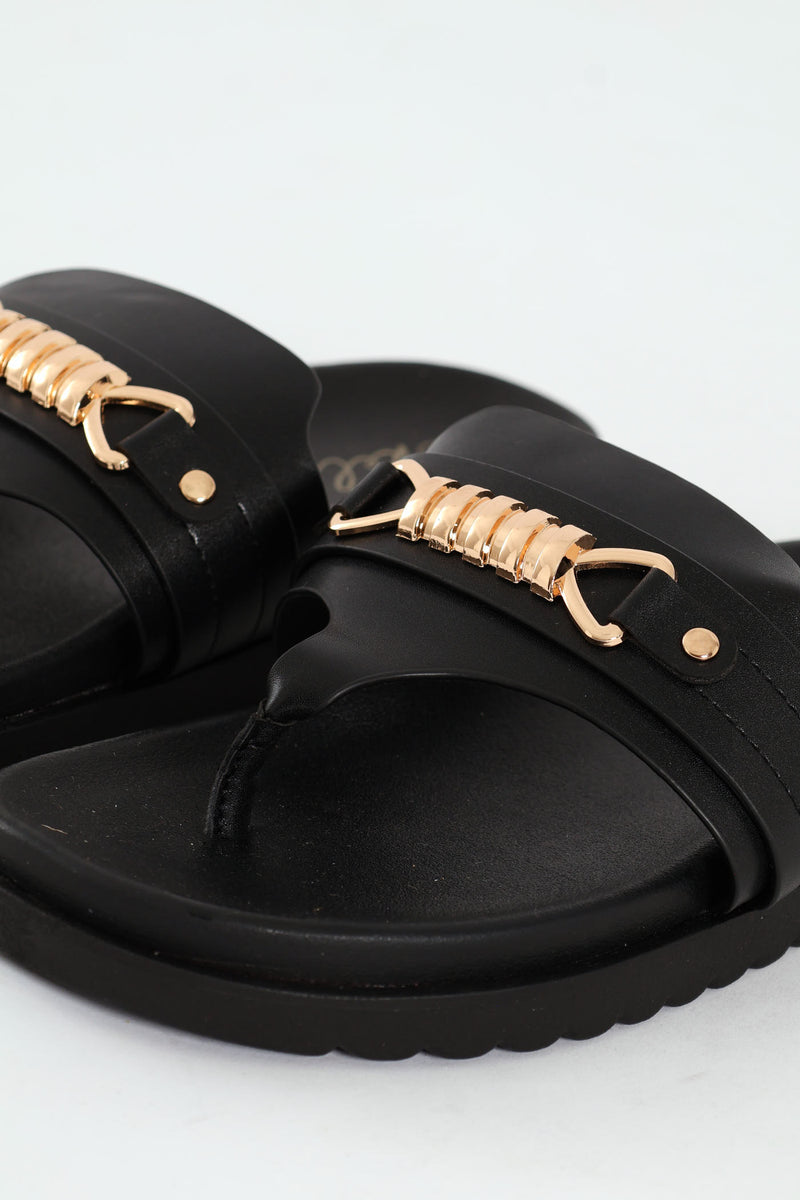 Thong Sandals With Chain Detail - Black