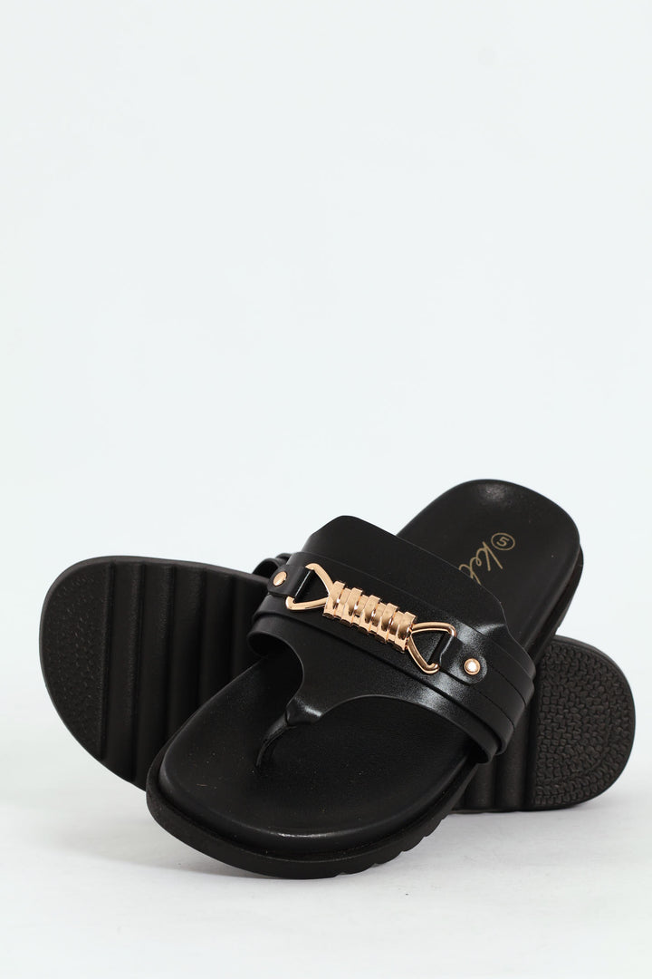 Thong Sandals With Chain Detail - Black
