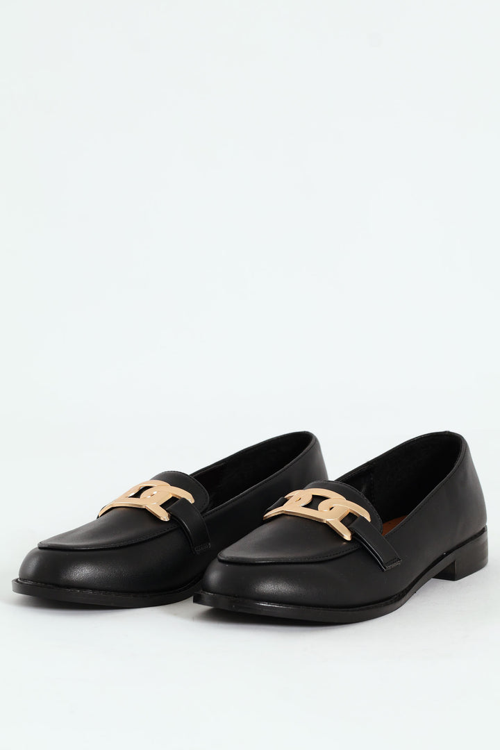 Loafer With Chain Metal Trim - Black