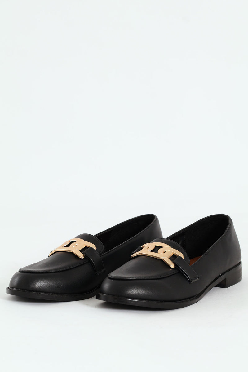 Loafer With Chain Metal Trim - Black