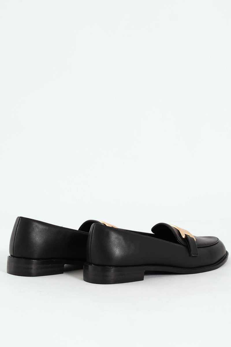 Loafer With Chain Metal Trim - Black