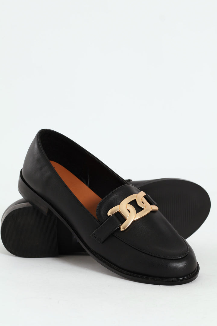 Loafer With Chain Metal Trim - Black