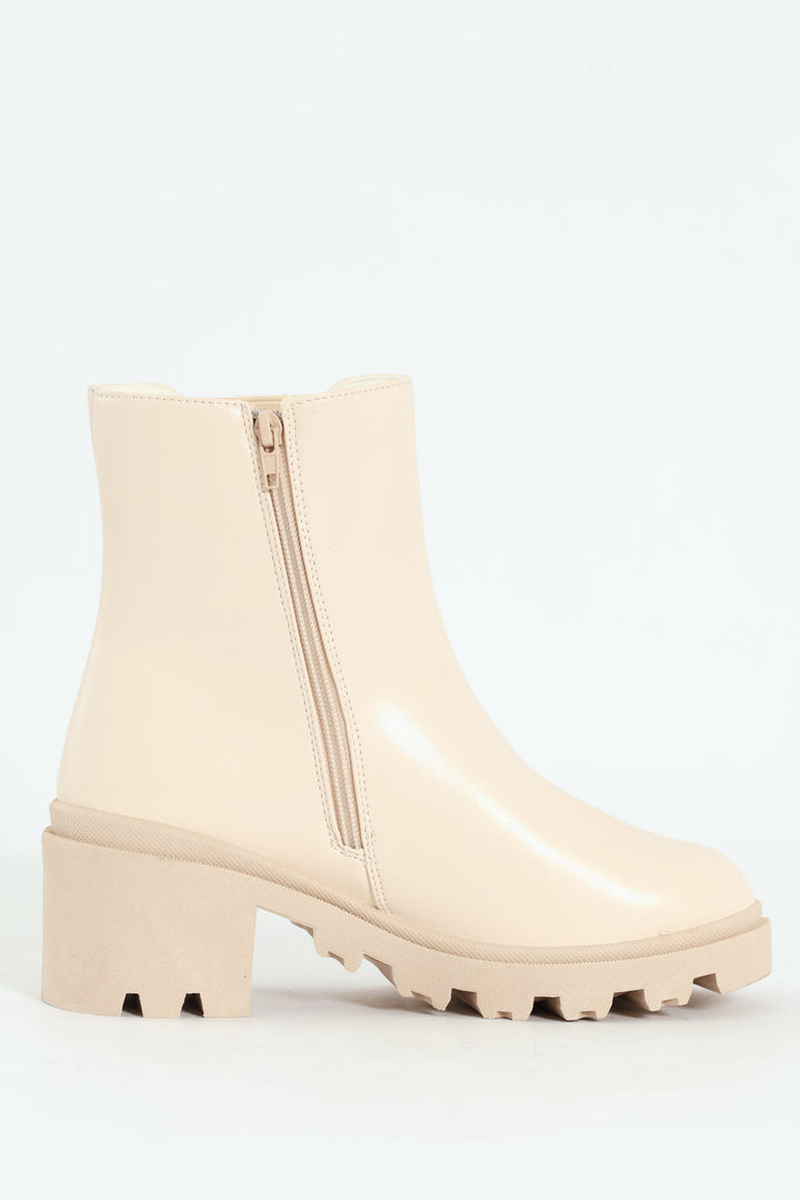 Plain Trim Chunky Heeled Chelsea Boot - Stone